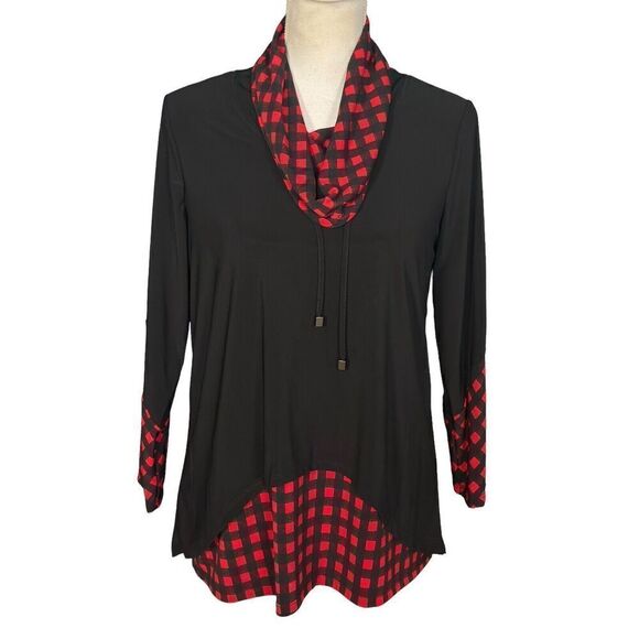 Ali Miles Tunic Size Petite Small Buffalo Plaid Red Black Cowl Neck Stretch - Picture 1 of 8